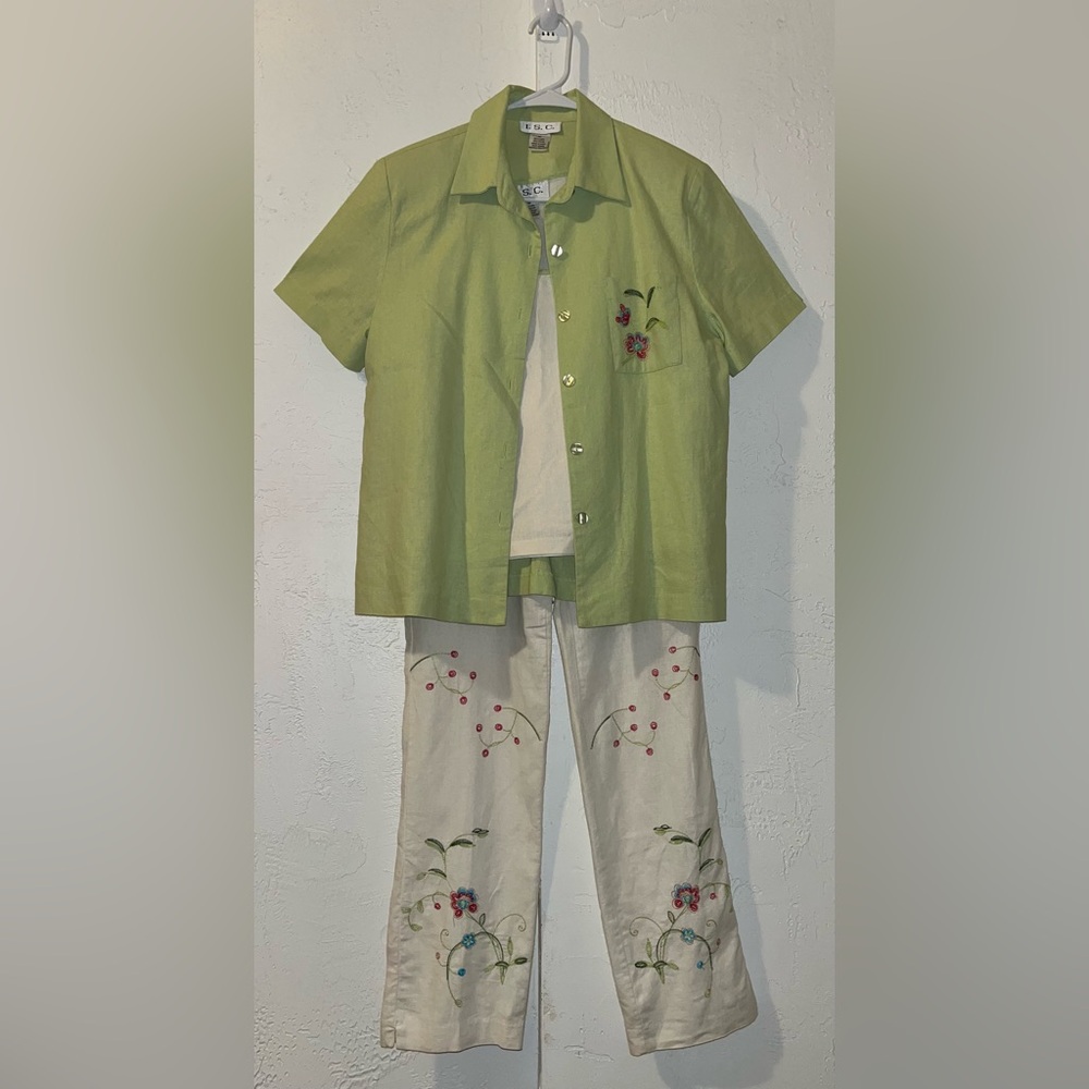 I. S. C. Green and Cream Three Piece Embroidered Outfit